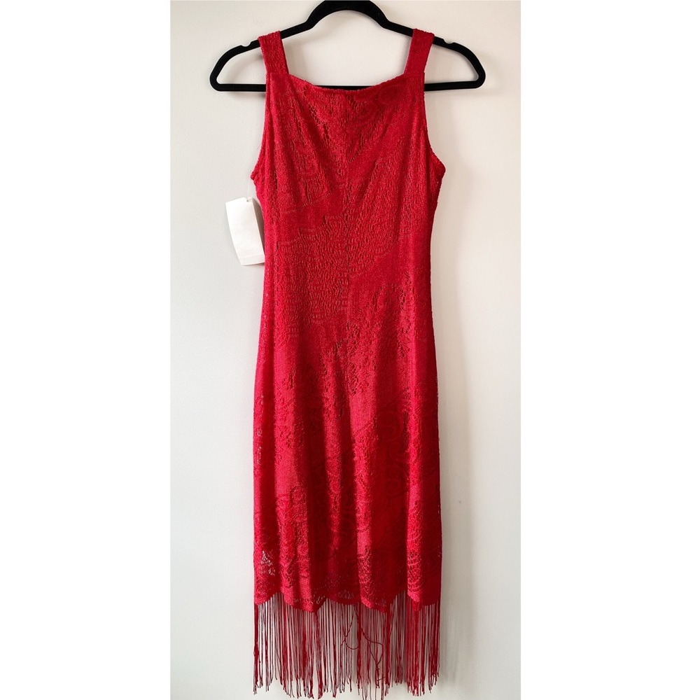 Deadstock 90s Crochet Lace Fringe Cherry Red Dress S Valentine’s Day Swiftie - Picture 5 of 10